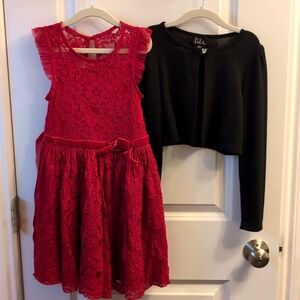 Red Lilt lace dress size 7/8 with black knit cardigan